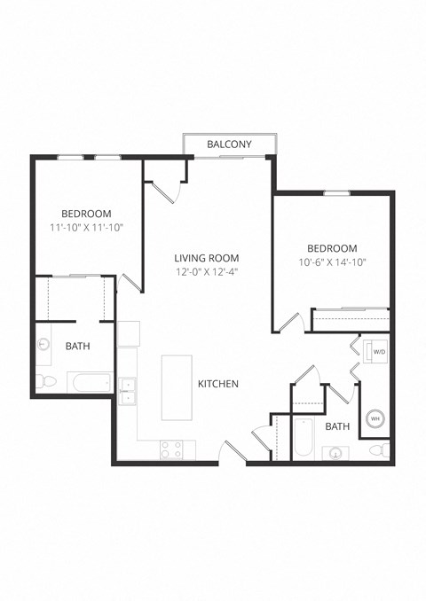 Floor plan for 2 beds, 2 baths, 1075 sqft